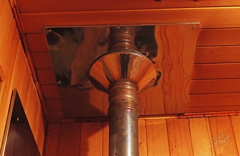 Установка железной трубы в бане через потолок