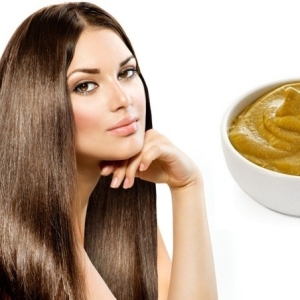 Stock Foto Mask from hair loss with mustard